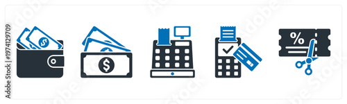 A set of 5 mix icons as wallet, cash, billing machine