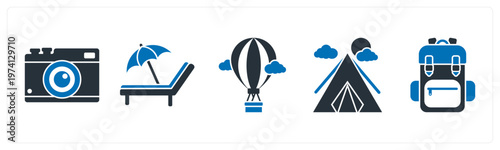 A set of 5 mix icons as camera, beach, hot air balloon