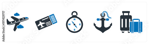 A set of 5 mix icons as plane, plane ticket, compass