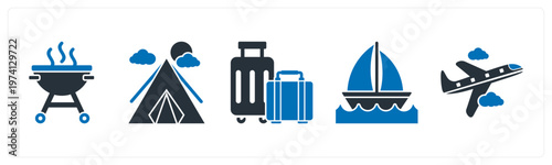 A set of 5 mix icons as barbecue, camping tent, suitcase
