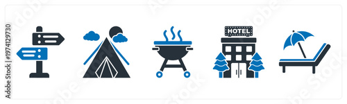 A set of 5 mix icons as directions, compass tent, barbecue