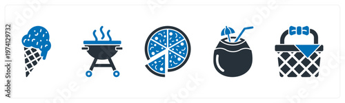 A set of 5 mix icons as ice cream, barbecue, pizza