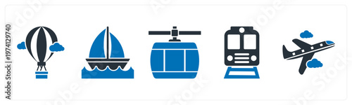 A set of 5 mix icons as hot air balloon, cruise, cable car,