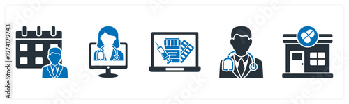 A set of 5 mix icons as appointment, online doctor, online pharmacy