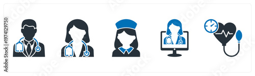 A set of 5 mix icons as male doctor, female doctor, nurse
