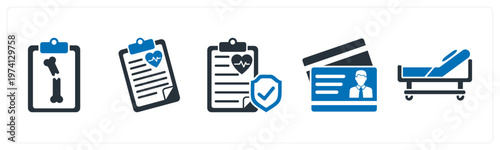 A set of 5 mix icons as xray, health report, medical insurance