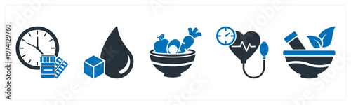 A set of 5 mix icons as dose, blood sugar, healthy meal