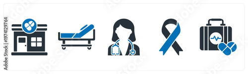 A set of 5 mix icons as medical store, stretcher, female doctor