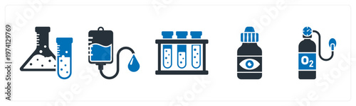 A set of 5 mix icons as flask, blood transfusion, test tubes