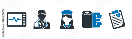 A set of 5 mix icons as ecg machine, male doctor, nurse