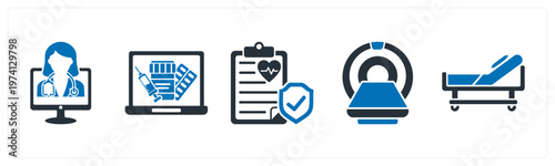 A set of 5 mix icons as online doctor, online pharmacy, medical insurance
