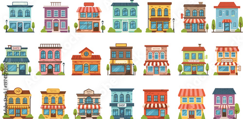 Vector Set of Colorful Small Business Storefronts Including Cafes, Shops, and Retail Stores for Urban Design ProjectsVector Set of Colorful Small Business Storefronts Including Cafes, Shops, and Retai