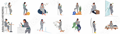 Set of illustrations depicting women using smartphones for cryptocurrency trading, financial management, and stock market monitoring in casual home attire.