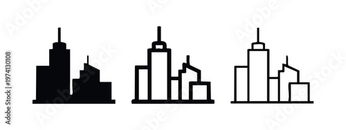 City Skyline Icons Set - Urban Landscape and Skyscraper Symbols in Various Styles