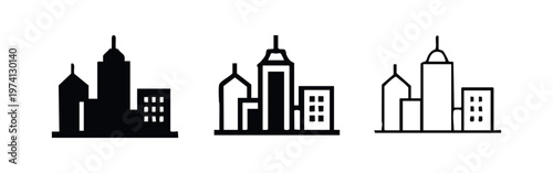 City Buildings Icon Set - Modern Skyline and Urban Architecture Symbols with Windows