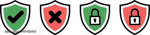 Security shield icons set featuring padlock check mark and access approval or denial symbols for online security vector illustration
