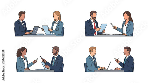 Diverse Business Professionals Meeting & Interviewing: Corporate Discussions & Collaboration Vector Illustration Set