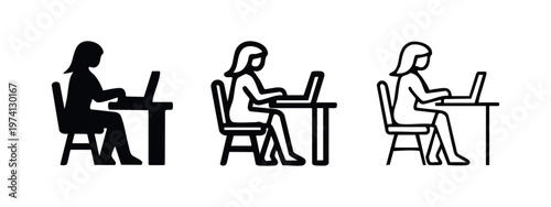 Woman Working on Laptop Icon Set - Female Employee at Desk for Remote Work Concepts