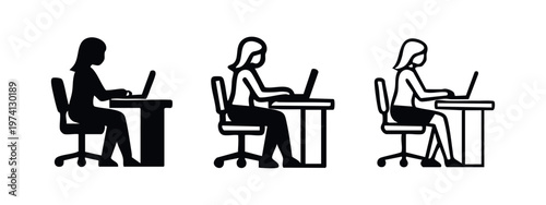 Female Worker with Laptop Icon Set - Woman at Desk Using Computer for Business and Study