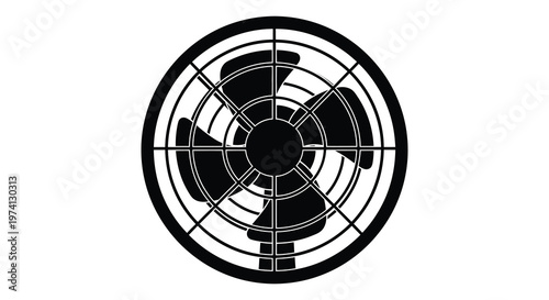 Black circular fan design with prominent blades a striking silhouette