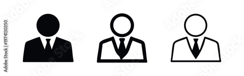 Professional user avatar icons depicting a businessman in various styles: filled, outline, and thin line
