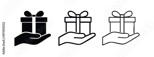 Hand holding gift box icon set with bow, in solid, thick outline, and thin outline styles for celebrations