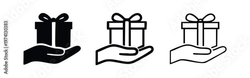 Giving a gift icon collection with a hand holding a present, in filled, bold outline, and thin outline designs