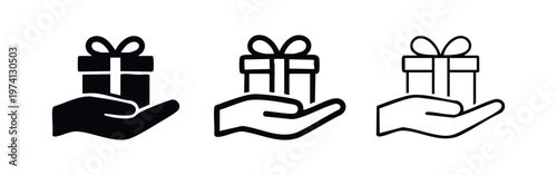 Hand holding a gift box icon set. Present, bonus, and celebration symbol in glyph, outline, and thin line styles.