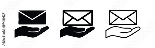 Hand holding an envelope icon set. Mail, message, and communication symbol in glyph, outline, and thin line styles.