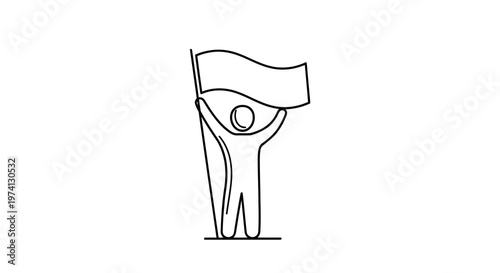 Line drawing of a person raising a flag with outstretched arm