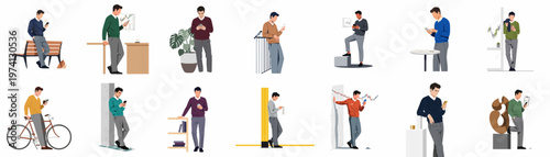 Flat vector illustration collection of men in various poses using smartphones for communication, business, and stock market trading in different modern settings.