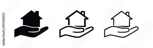 Hand holding a house with chimney icon set. Real estate, property, and home ownership symbol in glyph, outline, and thin line styles.
