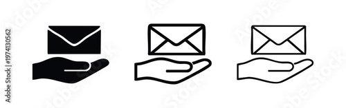 Hand holding an envelope icon set. Mail, message, and communication symbol in glyph, outline, and thin line styles.
