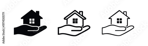 Hand holding a house with windows icon set. Real estate, property, and home ownership symbol in glyph, outline, and thin line styles.