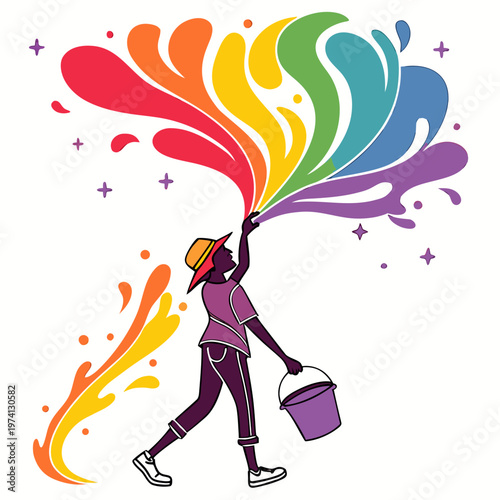 A person wearing a hat holding a paint bucket and creating a vibrant rainbow-colored splash on a white background, expressive art concept.
