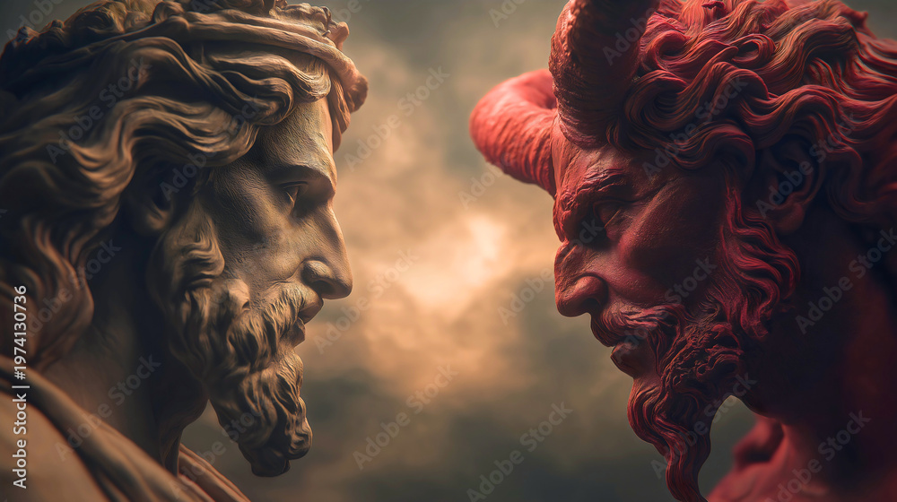 Fototapeta premium God devil angel demon good evil, heaven hell battle conflict confrontation duel, rivalry opposite religion spiritual faith temptation