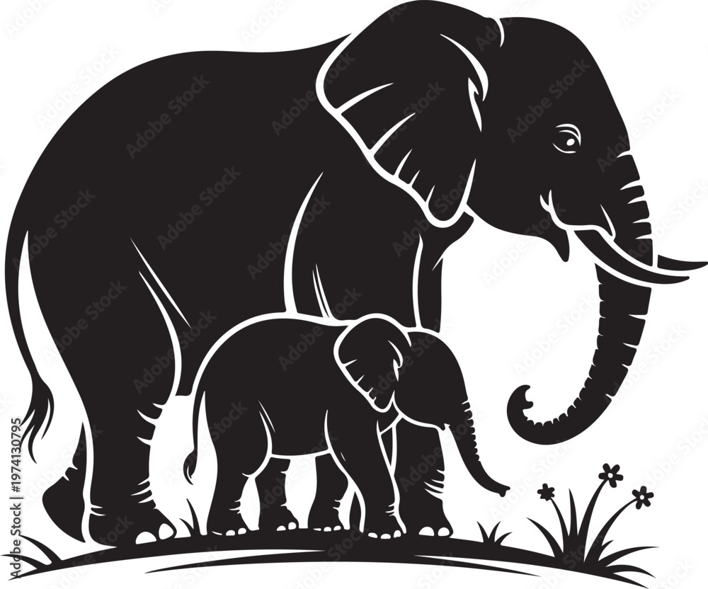 Fototapeta premium Black and white of elephant and small elephant calf standing on grass baby elephant