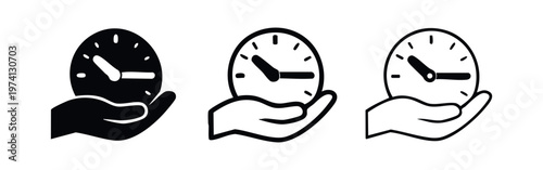 Hand holding a watch icon set. Vector illustration representing time, deadlines, or scheduling.