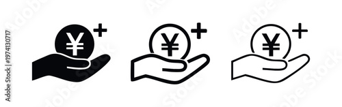 Hand holding Yen/Yuan coin with plus sign icon set. Vector for income, profit, or financial growth.