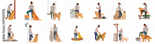Set of flat illustrations showing young women grooming golden retriever dogs in different indoor and outdoor home settings with brushes and combs.