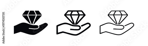 Hand holding a diamond icon set. Vector illustration of luxury, wealth, quality, or precious value.
