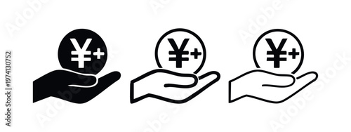 Hand holding Yen/Yuan currency with plus sign icon set. Vector for financial gain and revenue.