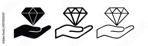 Hand holding a valuable diamond icon set. Vector illustration symbolizing luxury and precious goods.