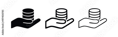 Hand holding a stack of coins icon set. Vector illustration of savings, wealth, income, or financial growth.