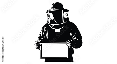 Beekeeper holding a blank frame a striking black silhouette high quality