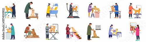 Collection of professional pet grooming illustrations showing groomers washing, brushing, and trimming Golden Retriever dogs in various salon settings.