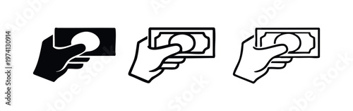 Hand Holding Banknote Icon Set. Money, Payment, and Financial Transaction Symbol.
