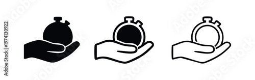 Hand Holding Stopwatch Icon Set. Time Management, Value, and Efficiency Symbol.