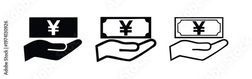 Hand Holding Yen Banknote Icon Set. Japanese Currency, Payment, and Financial Transaction Symbol.