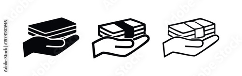Hand Holding Stack of Money Icon Set. Wealth, Savings, and Financial Success Symbol.